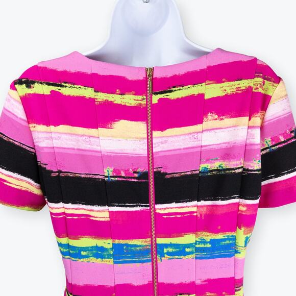 Tahari ASL Hot Pink Striped Scuba Pleated Fit-and-Flare Dress 4 - Picture 9 of 11